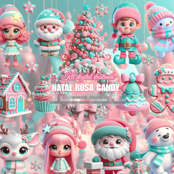 Kit Digital Natal Candy Rosa em Png 1