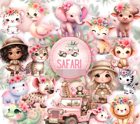 Kit Digital Safari Baby Rosa Aquarela em Png
