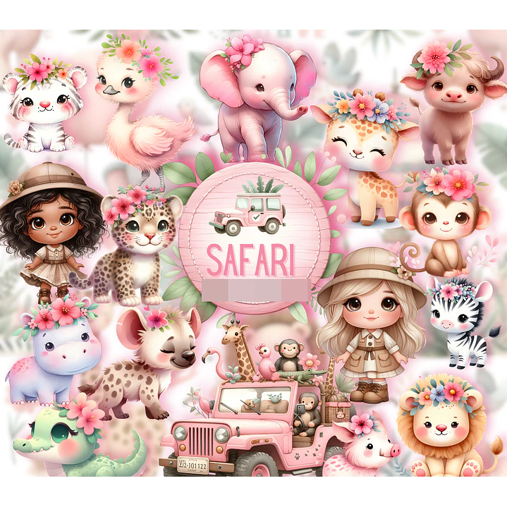Kit Digital Safari Baby Rosa Aquarela em Png 1
