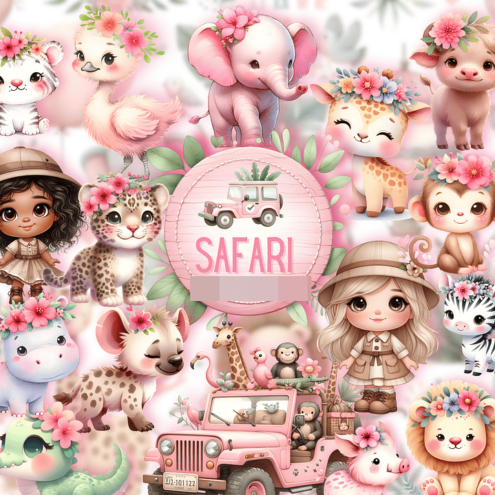 Kit Digital Safari Baby Rosa Aquarela em Png 1