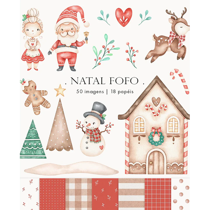 Kit Digital Natal Fofo Papai Noel Aquarela em Png  1
