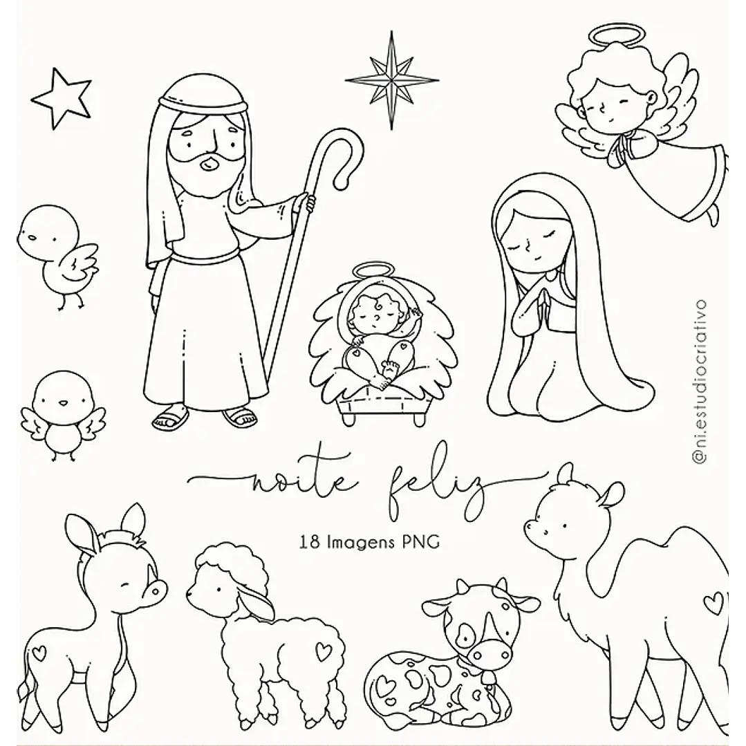 Kit Digital Natal Noite Feliz para Colorir em Png 1