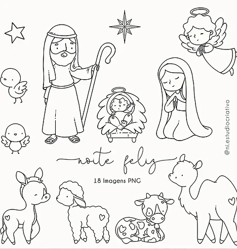 Kit Digital Natal Noite Feliz para Colorir em Png