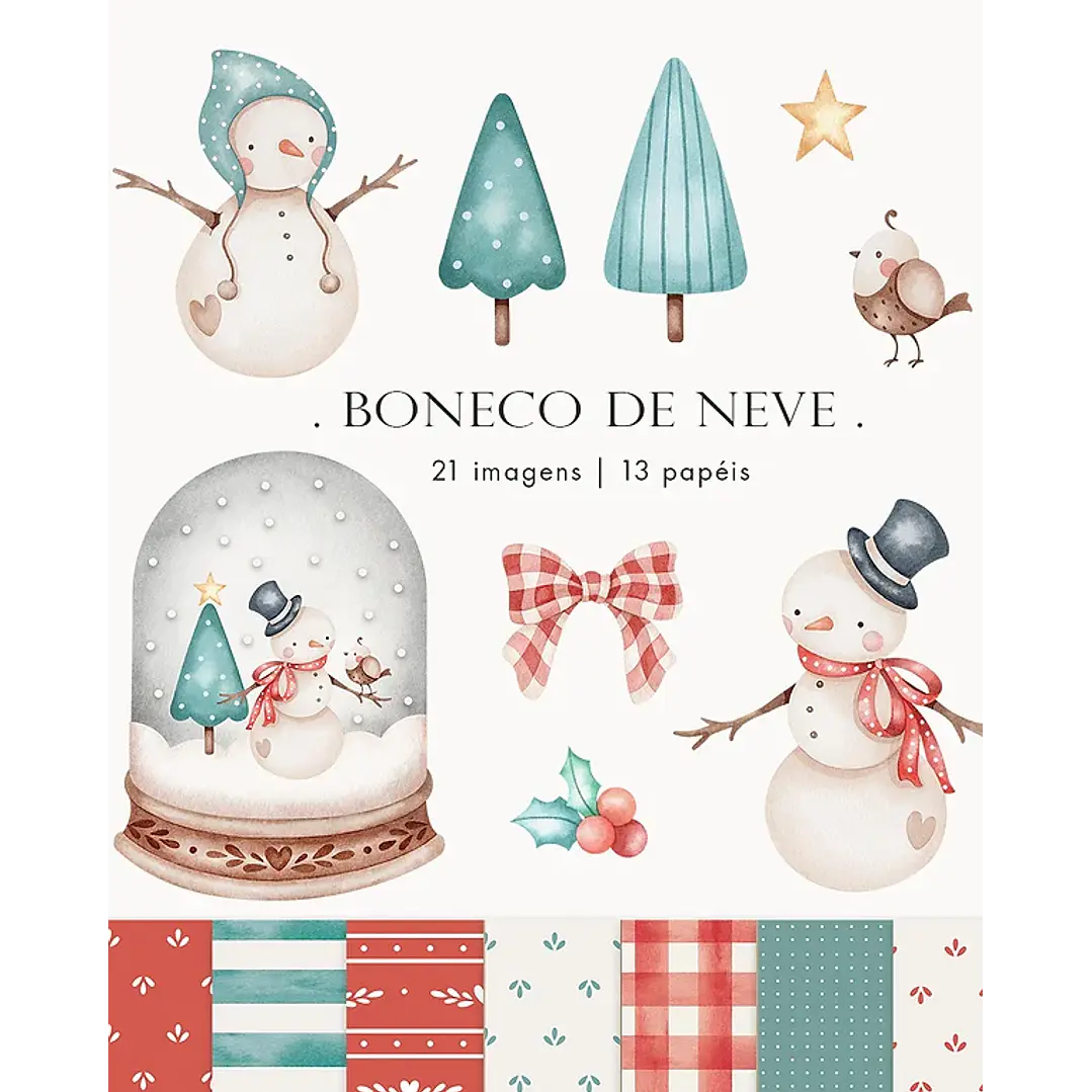 Kit Digital Boneco de Neve Aquarela em Png  1