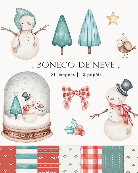 Kit Digital Boneco de Neve Aquarela em Png 