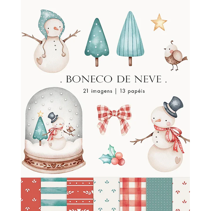 Kit Digital Boneco de Neve Aquarela em Png  1