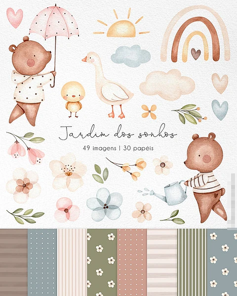 Kit Digital Jardim dos Sonhos Aquarela em Png 