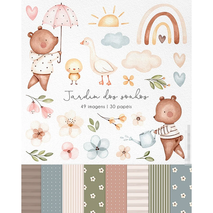 Kit Digital Jardim dos Sonhos Aquarela em Png  1