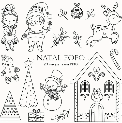 Kit Digital Natal Fofo para Colorir em Png
