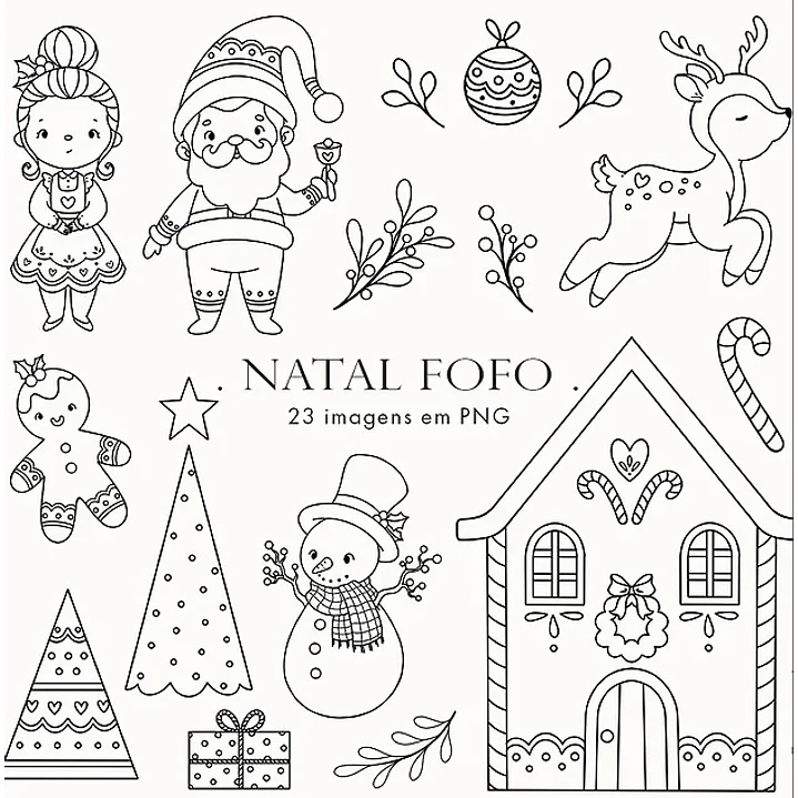 Kit Digital Natal Fofo para Colorir em Png 1