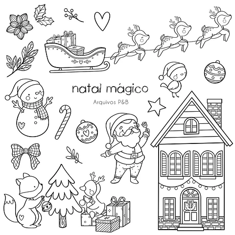 Kit Digital Natal Mágico para Colorir em Png