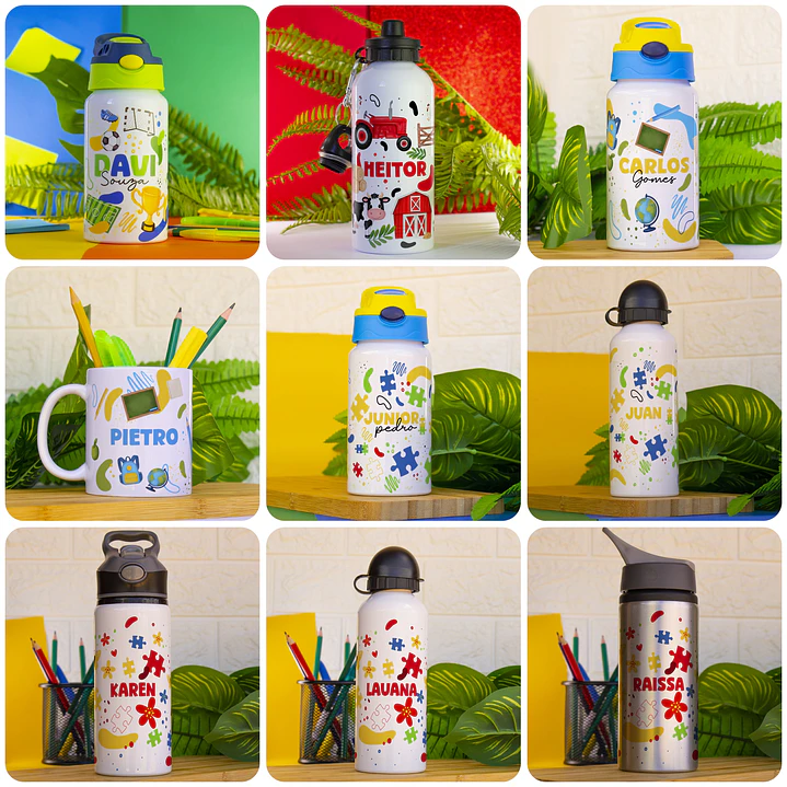 52 Artes para Caneca Squeeze Toalhinhas e Etiquetas Volta as aulas Arquivo em Png 4