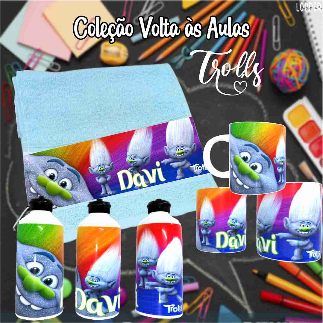 12 Artes para Caneca, Toalhinha e Squeeze Escolar Trolls Arquivo Editável 1