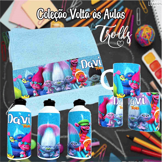 12 Artes para Caneca, Toalhinha e Squeeze Escolar Trolls Arquivo Editável