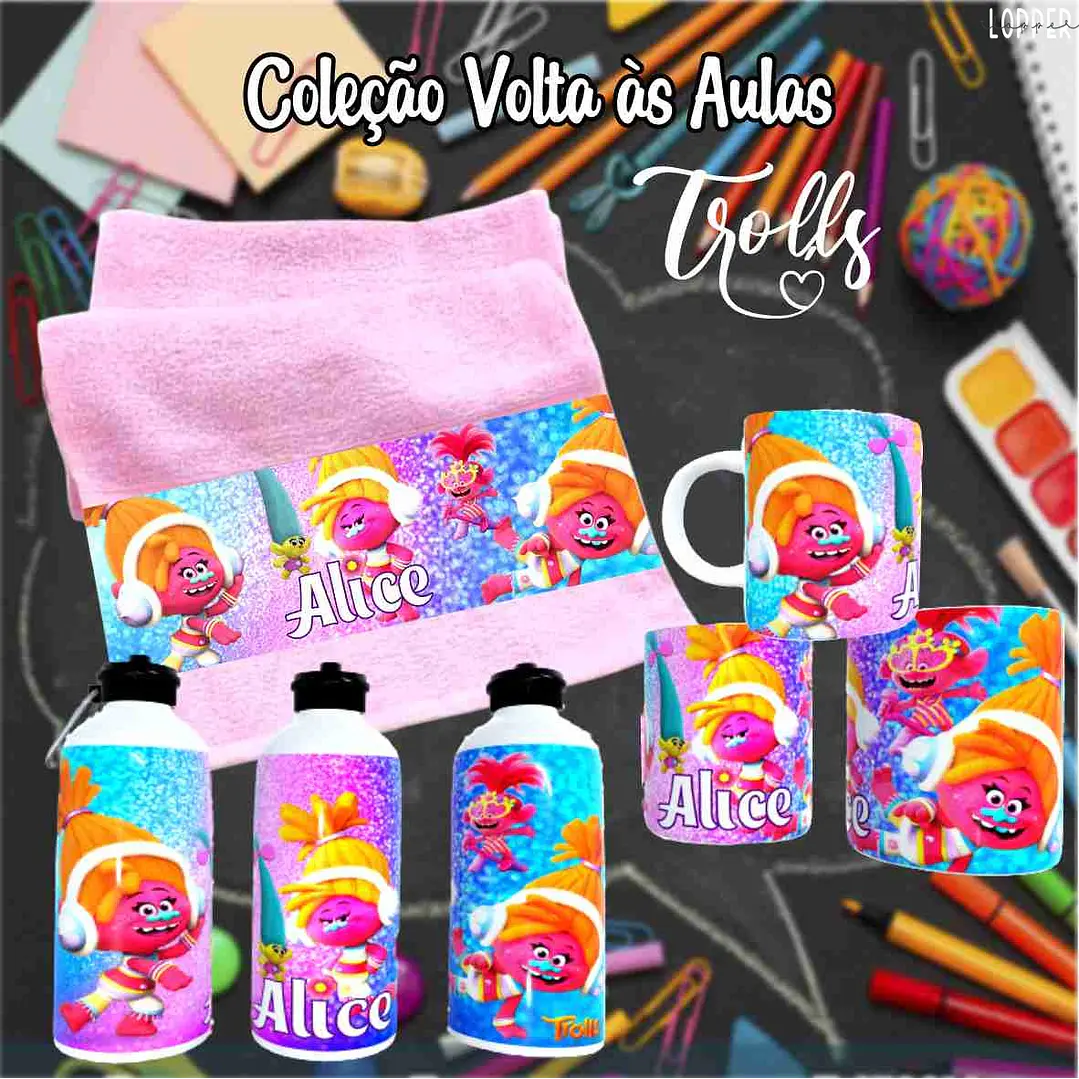 12 Artes para Caneca, Toalhinha e Squeeze Escolar Trolls Arquivo Editável 8