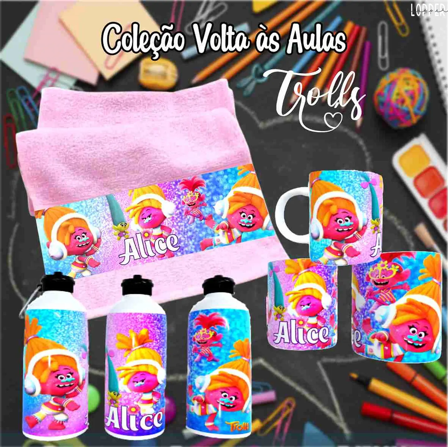 12 Artes para Caneca, Toalhinha e Squeeze Escolar Trolls Arquivo Editável 8
