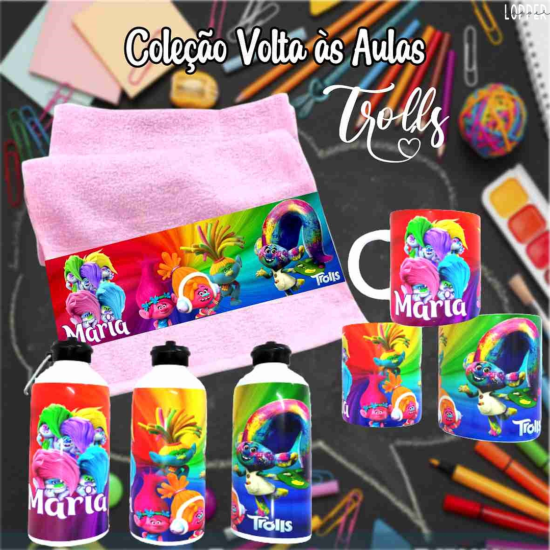 12 Artes para Caneca, Toalhinha e Squeeze Escolar Trolls Arquivo Editável 9
