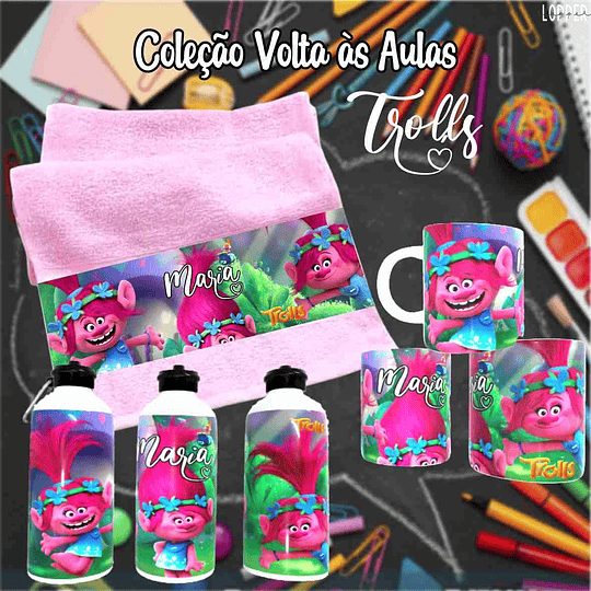 12 Artes para Caneca, Toalhinha e Squeeze Escolar Trolls Arquivo Editável