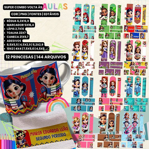 36 Artes para Caneca, Garrafinha e Toalha Princesas da Disney Arquivo Editável 