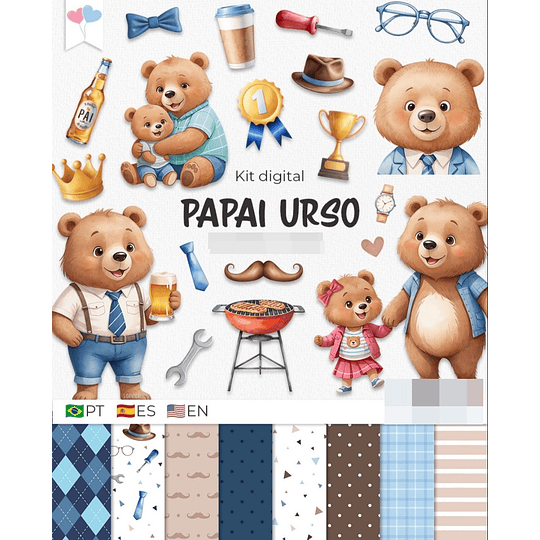 Kit Digital Papai Urso Dia dos Pais em Png