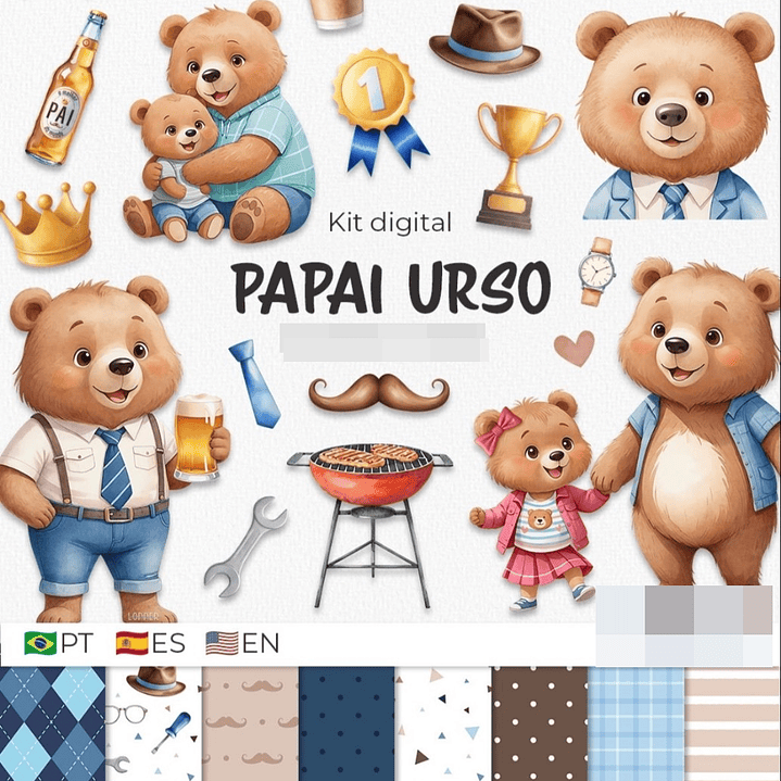 Kit Digital Papai Urso Dia dos Pais em Png 1