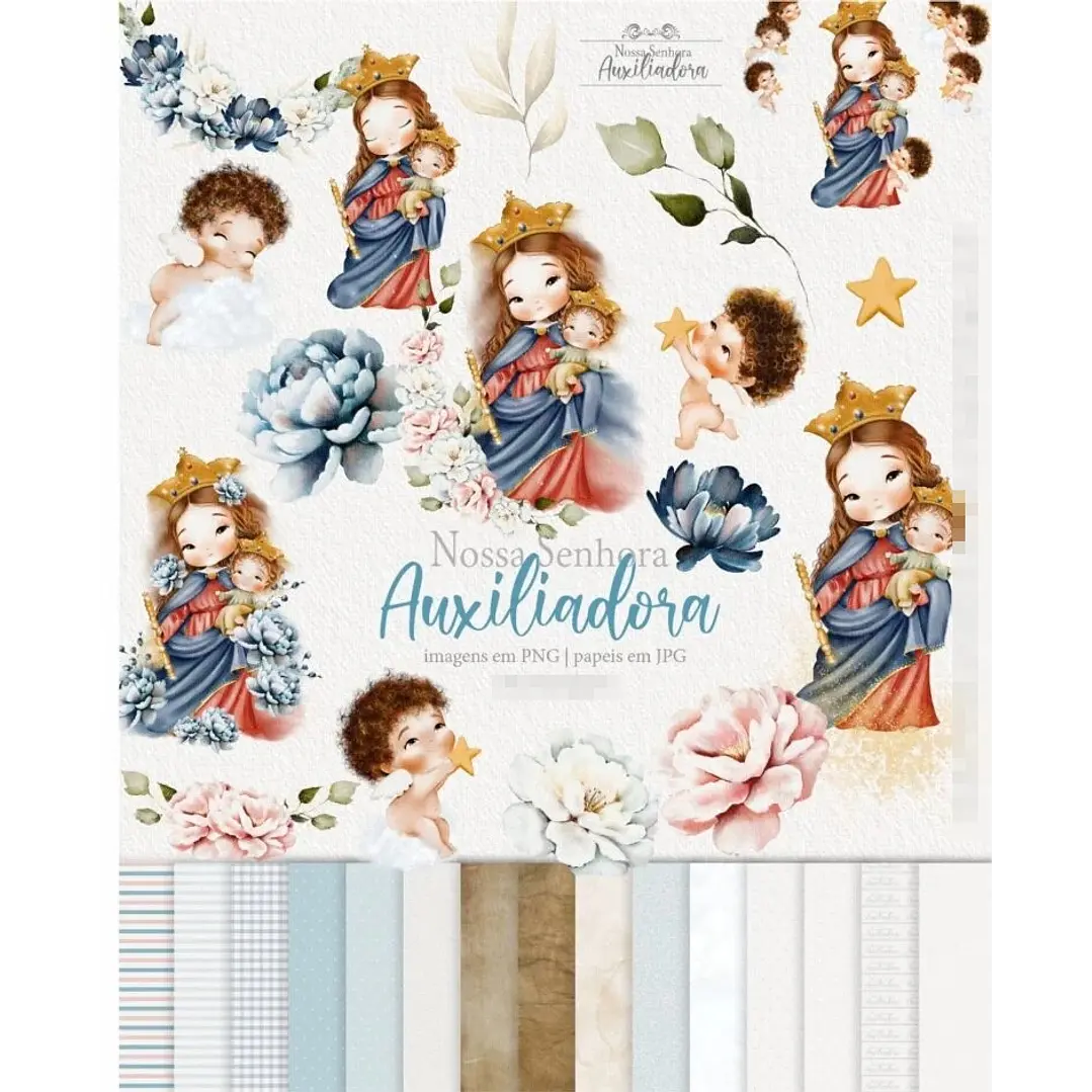 Kit Digital Santinhos Nossa Senhora Auxiliadora Aquarelado Png  1