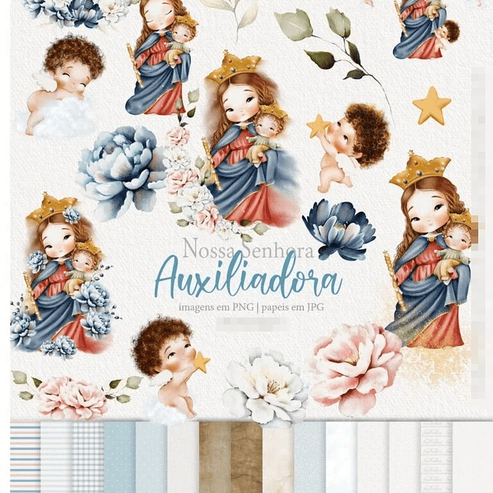 Kit Digital Santinhos Nossa Senhora Auxiliadora Aquarelado Png  1