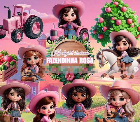 Kit Digital Fazendinha Rosa em Png