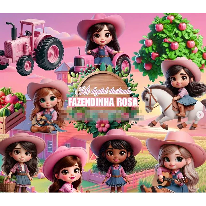Kit Digital Fazendinha Rosa em Png 1