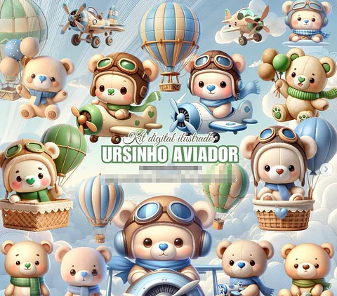 Kit Digital Ursinho Aviador em Png 