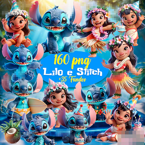 Kit Digital Lilo e Stitch 3d em Png 