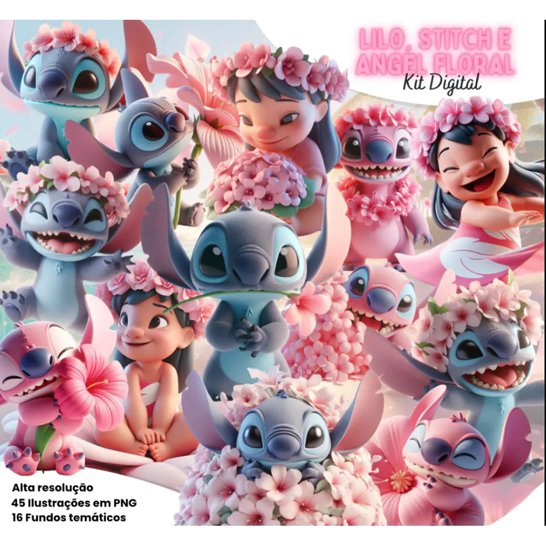 Kit Digital Lilo Stitch e Angel Floral Arquivo em Png 1