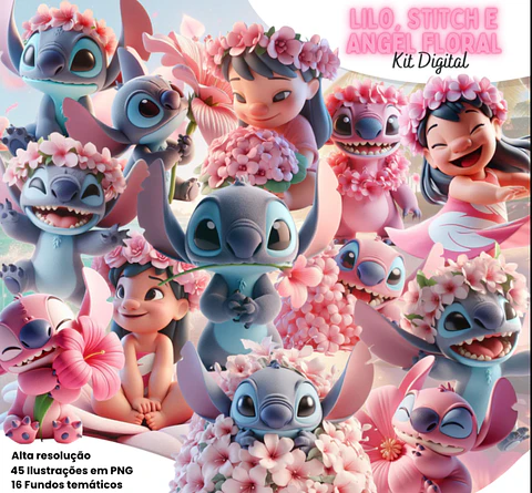 Kit Digital Lilo Stitch e Angel Floral Arquivo em Png