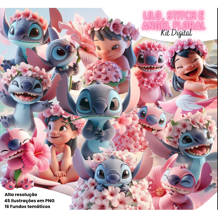 Kit Digital Lilo Stitch e Angel Floral Arquivo em Png 1
