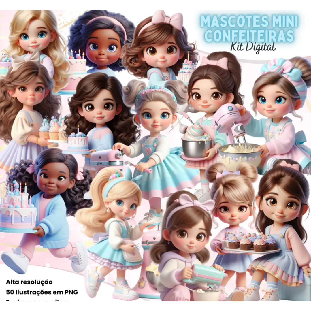 Kit Digital Mascotinhas Mini Confeiteira Arquivo em Png 1