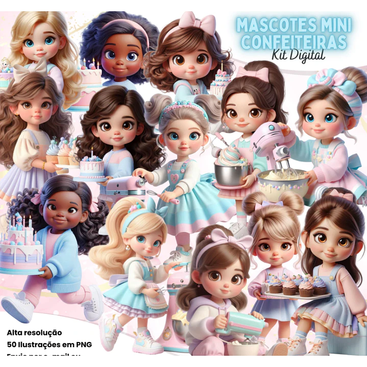 Kit Digital Mascotinhas Mini Confeiteira Arquivo em Png 1
