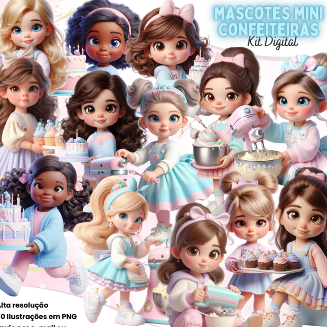 Kit Digital Mascotinhas Mini Confeiteira Arquivo em Png 1
