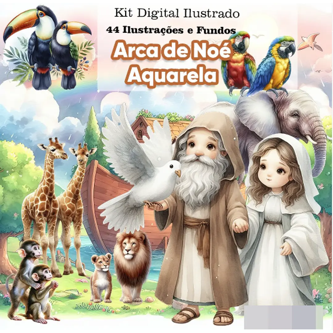 Kit Digital Arca de Noé Aquarela Arquivo em Png 1