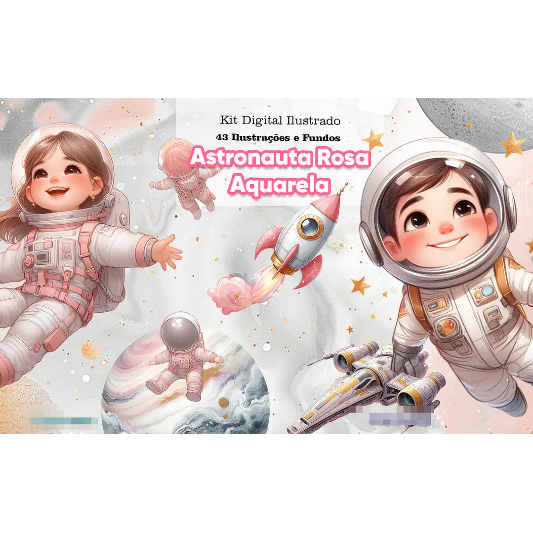 Kit Digital Astronauta Rosa Aquarela Arquivo em Png  1