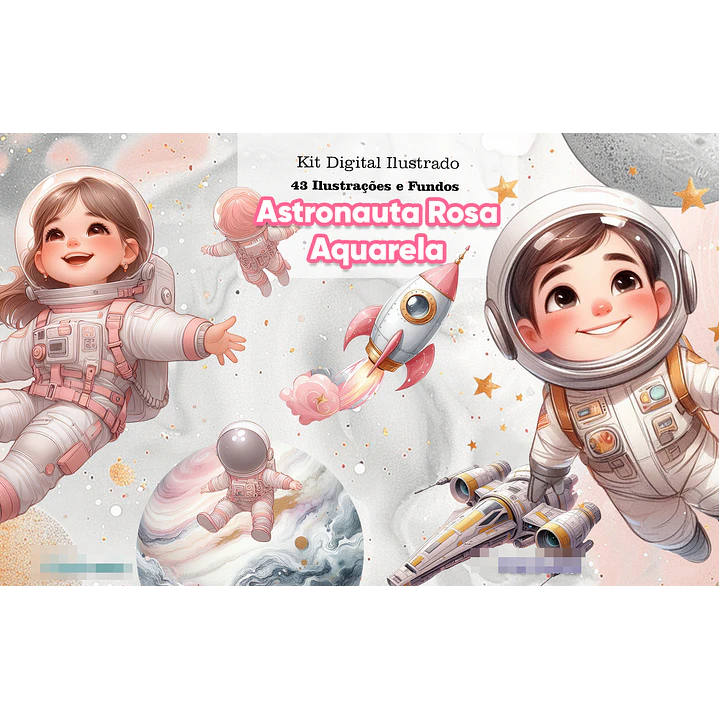 Kit Digital Astronauta Rosa Aquarela Arquivo em Png  1
