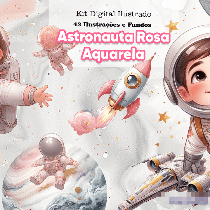 Kit Digital Astronauta Rosa Aquarela Arquivo em Png  1