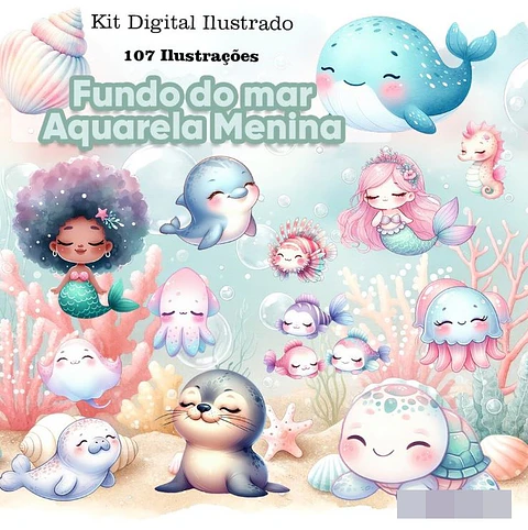 Kit Digital Fundo do Mar Rosa Menina Aquarela Arquivo em Png 