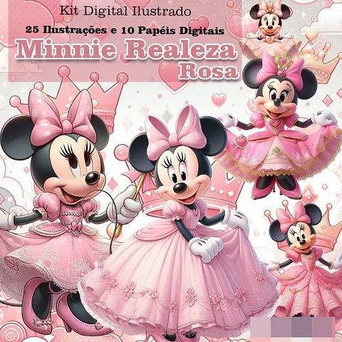 Kit Digital Minnie Disney Realeza Rosa Arquivo em Png 
