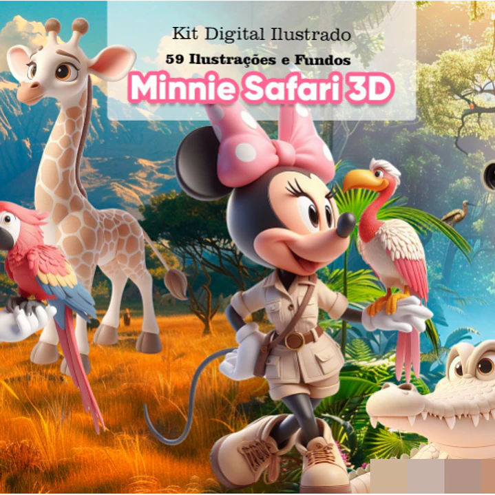Kit Digital Minnie Disney Safari 3d Arquivo em Png   1
