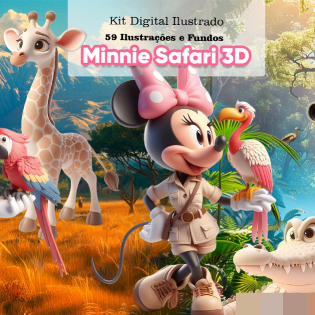 Kit Digital Minnie Disney Safari 3d Arquivo em Png   1