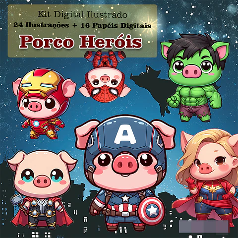 Kit Digital Porcos Heróis Arquivo em Png