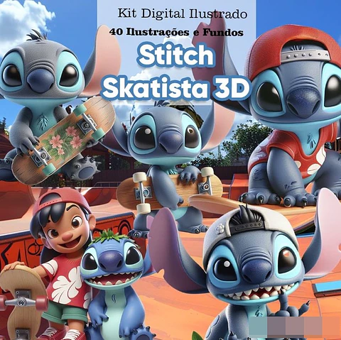 Kit Digital Stitch Skatista 3d Arquivo em Png