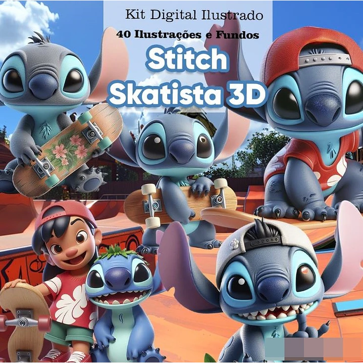 Kit Digital Stitch Skatista 3d Arquivo em Png 1