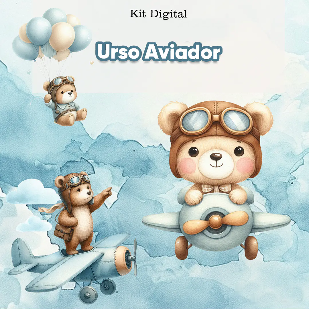 Kit Digital Ursinho Aviador Arquivo em Png  1