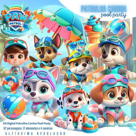 Kit Digital Patrulha Canina Pool Party em Png 